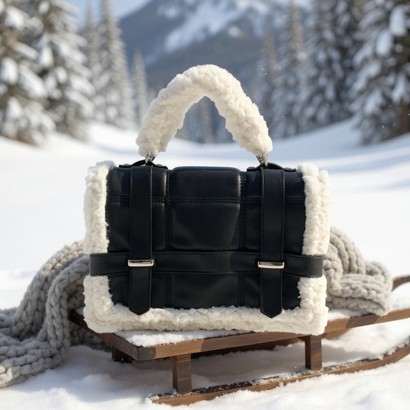 NEW Most Wanted USA Black Vegan Shearling Trim Purse Bag Top Handle Satchel NWT - Picture 1 of 9